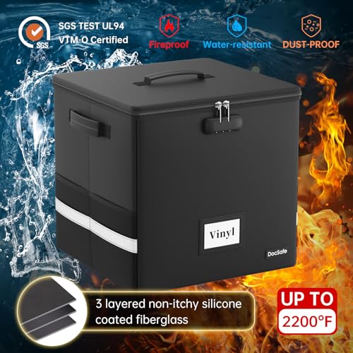 DocSafe Lockable Vinyl Record Storage Box - Fireproof & Water-Resistant Organizer for 100+ 12-Inch Records, Collapsible with Lid & Handles