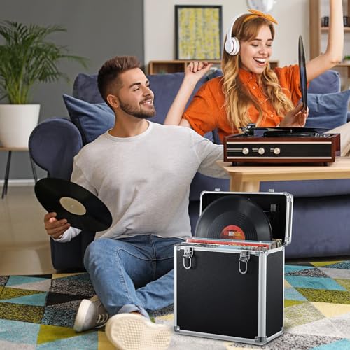Vinyl Record Storage Case - 50 LP Album Organizer, Collapsible & Water-Resistant, Black