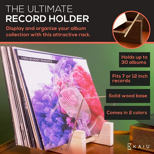 KAIU Vinyl Storage Holder - Stacks 30 Albums, Solid Wood with Clear Ends